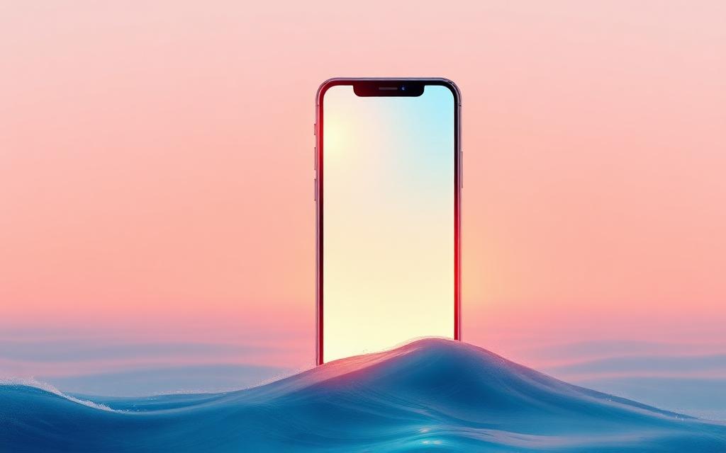 Phone screen dissolving into ocean waves at sunset