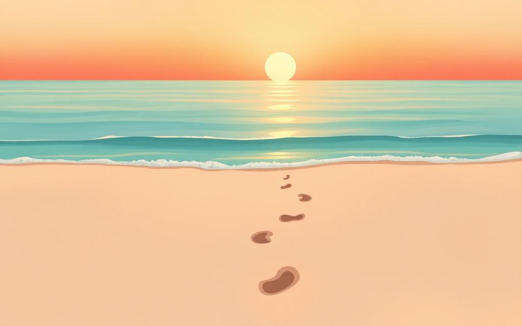 Footprints in soft sand leading to a calm ocean
