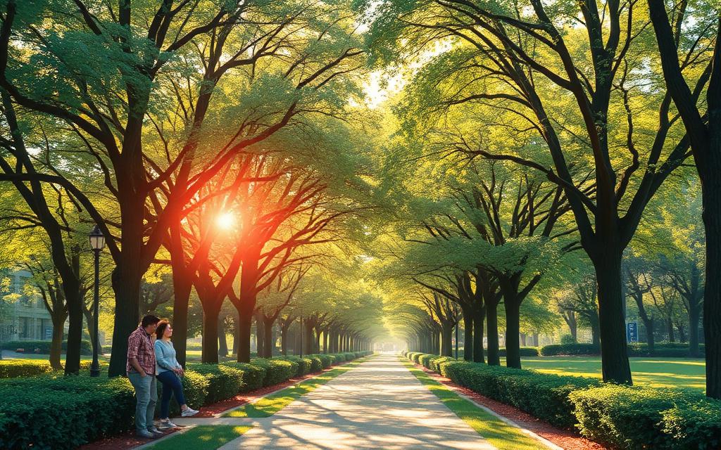 Sunlit park path lined with soft green trees