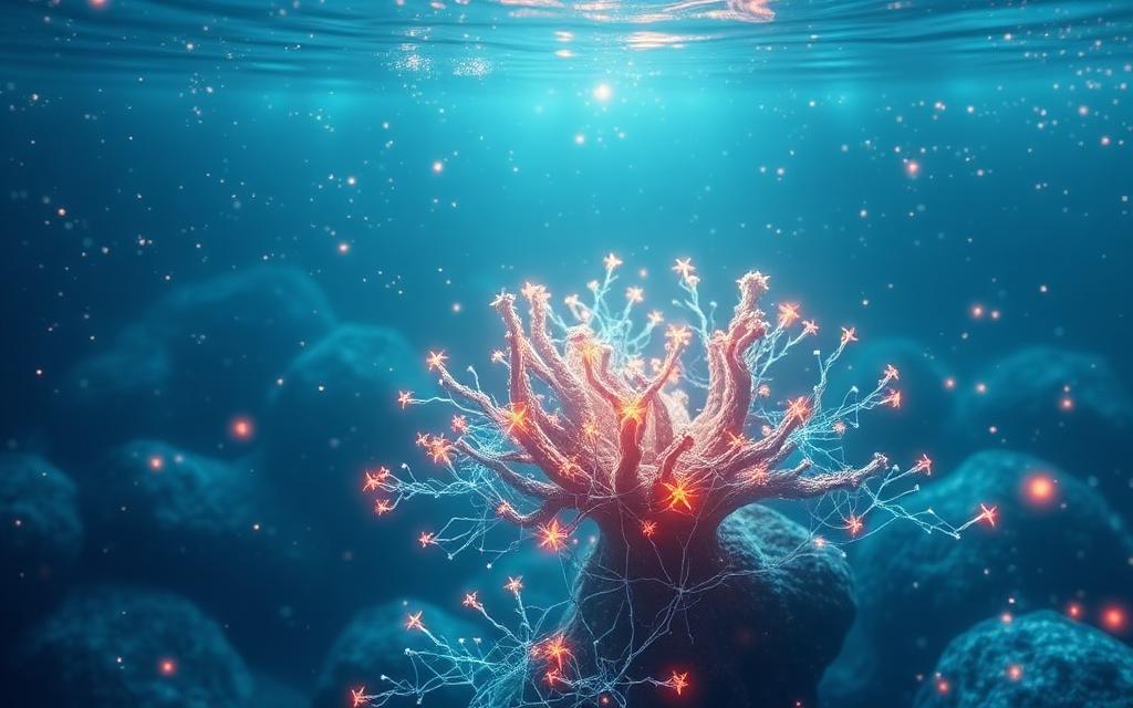 Glowing coral neural shape underwater