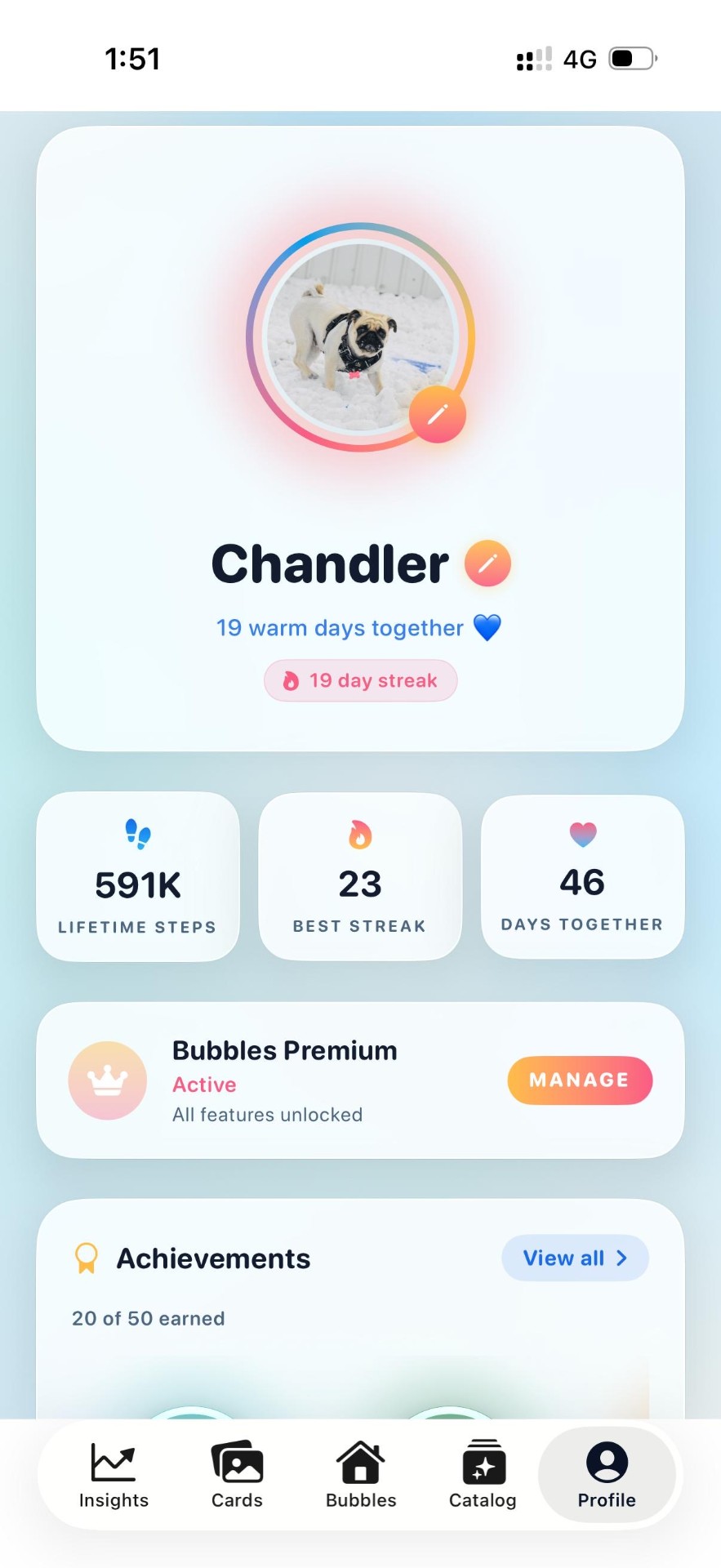 Profile screen with Chandler and Bubbles