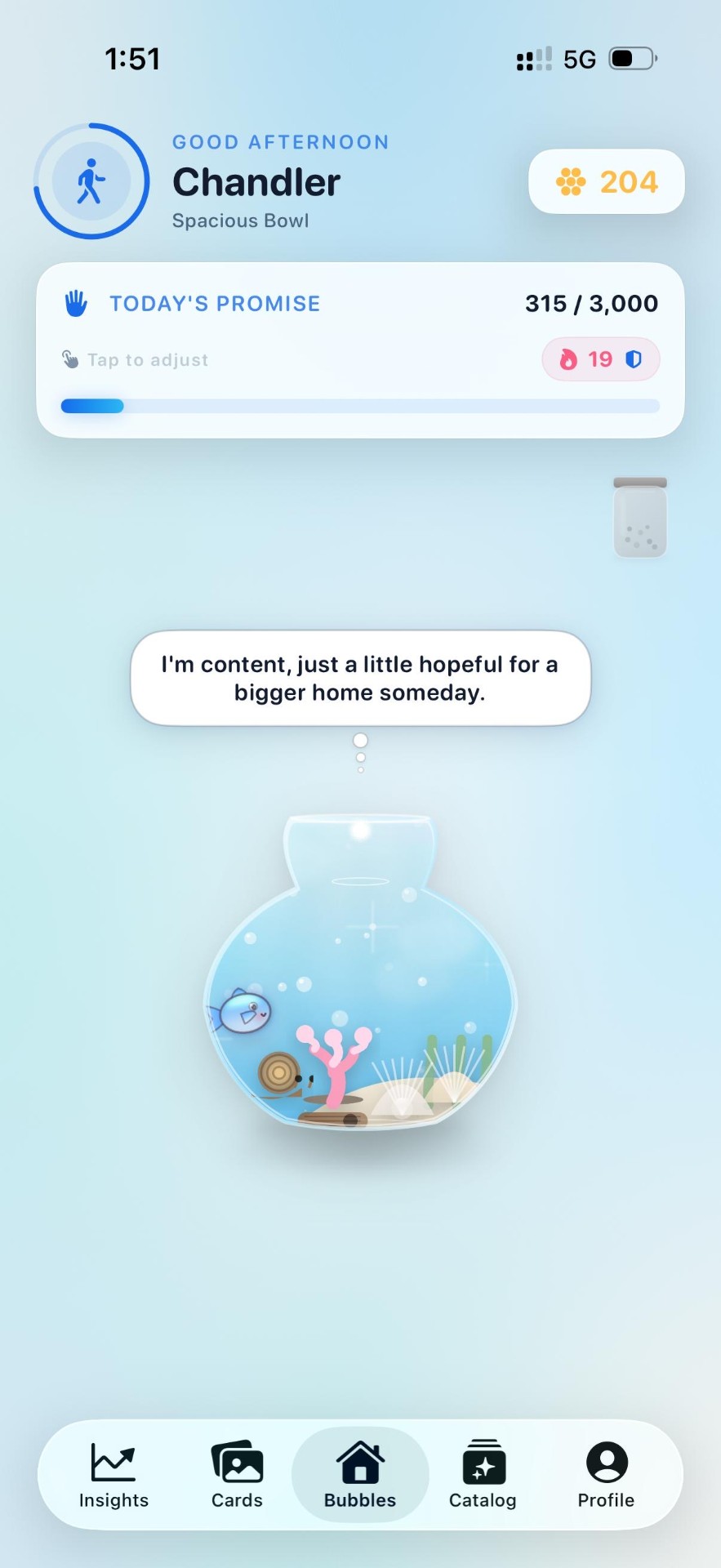 Bubbles home with fishbowl and today's promise