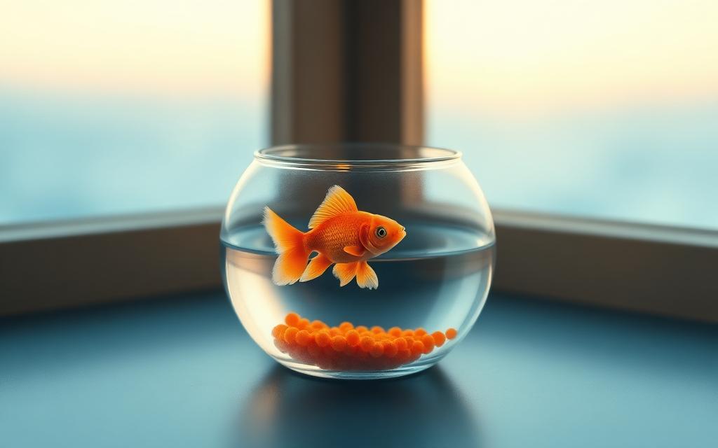 Tiny goldfish in a small bowl near a window