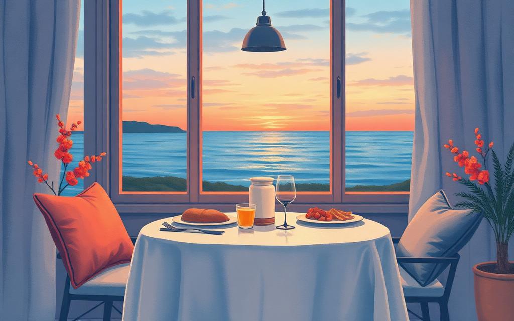 Warm dinner table by a window facing the ocean at dusk