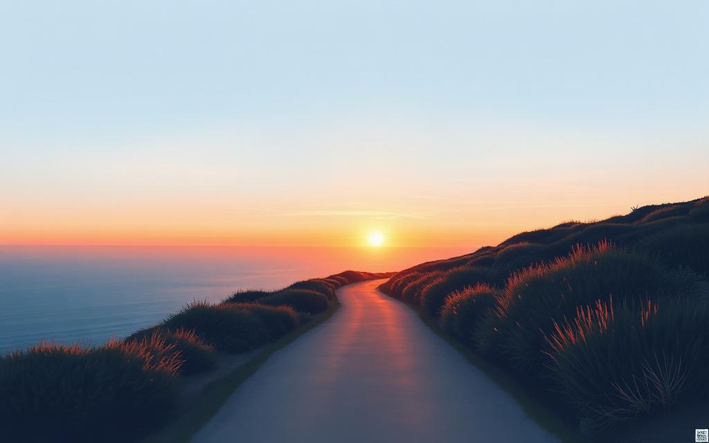 Winding coastal path at golden hour
