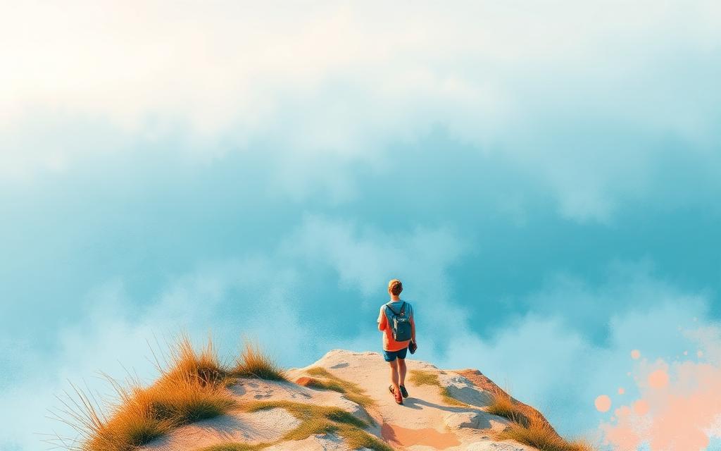 Two figures walking together on a misty seaside cliff