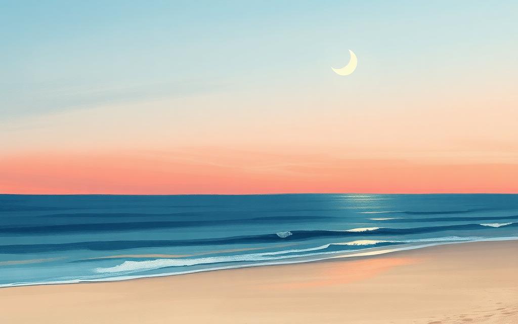 Crescent moon over a quiet twilight beach